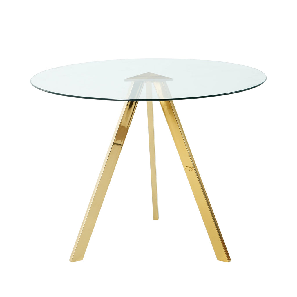 Modern minimalist 39.2 ' round glass dining table with clear glass countertops and gold-plated metal legs for kitchen, dining and living room (set of 1)
