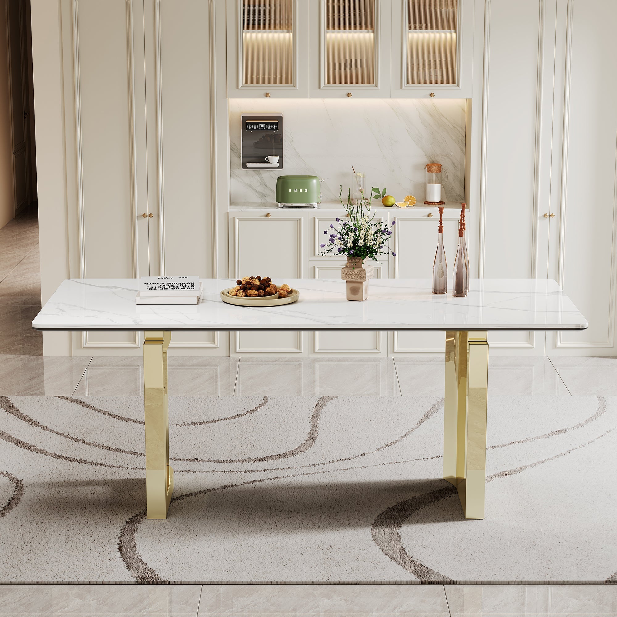 0.47' Thick Sintered Stone Composite Tempered Glass Top Rectangular Dining Table with Stainless Steel Base