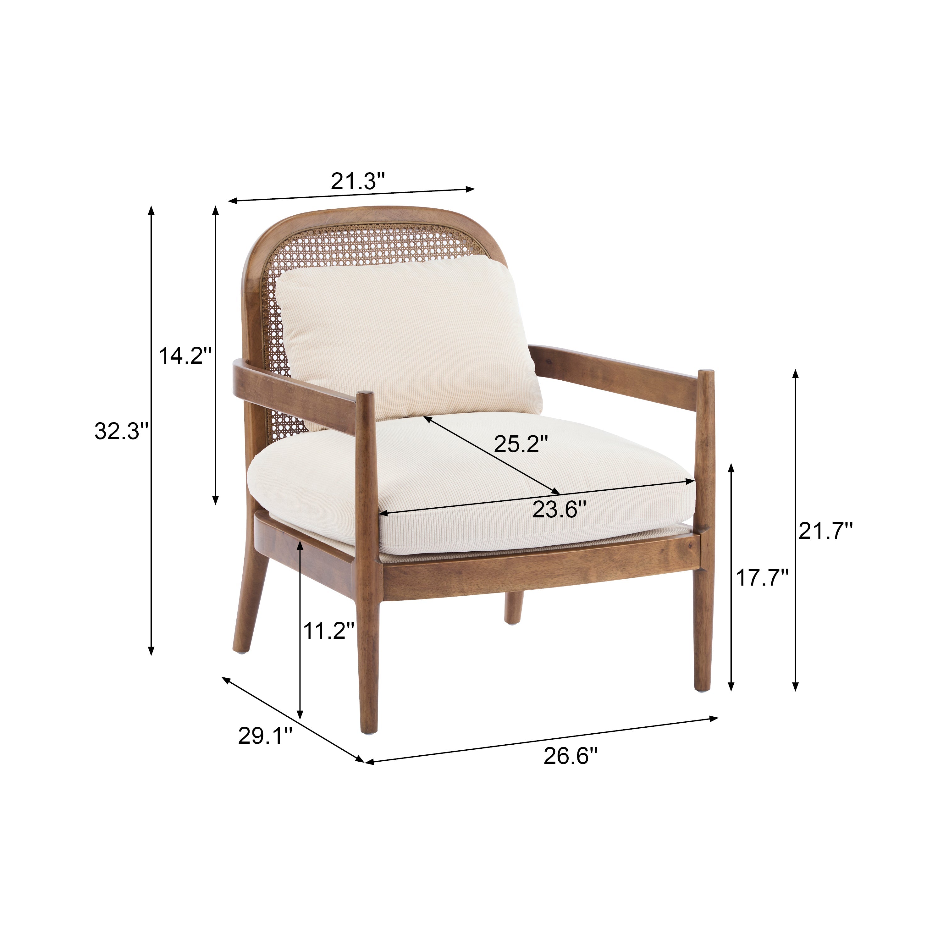 [Set of 2] 26.6' Mid-Century Modern Accent Chair with Light Brown Finish Solid Wood Frame and Rattan Backrest, Beige Cushion with Striped Fabric, Comfy Armchairs for Living Room, Bedroom, Reading Nook