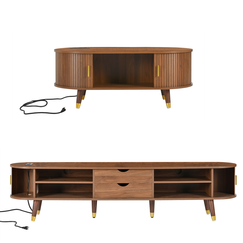 Wooden Farmhouse TV Stand & Coffee Table Set with Charging Station, Oval Fluted Media Console with Sliding Doors for TVs up to 80', Mid-Century Center Table with Solid Wood Legs for Living Room,Walnut