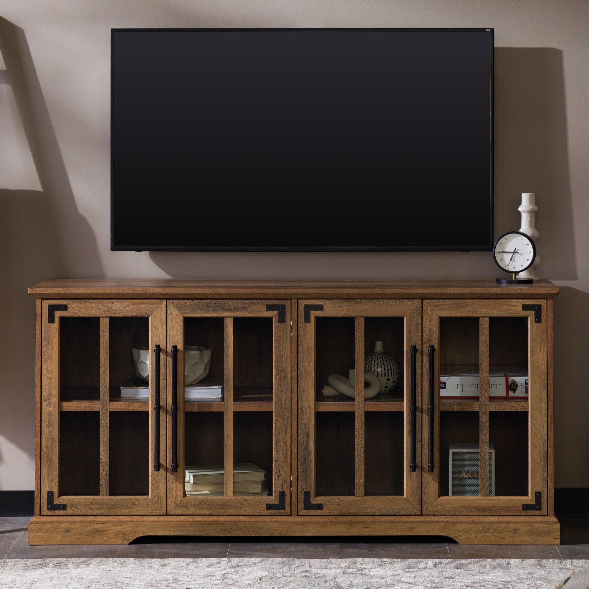 Modern Farmhouse Windowpane Glass-Door TV Stand for TVs up to 65' - Rustic Oak Finish - MDF Construction