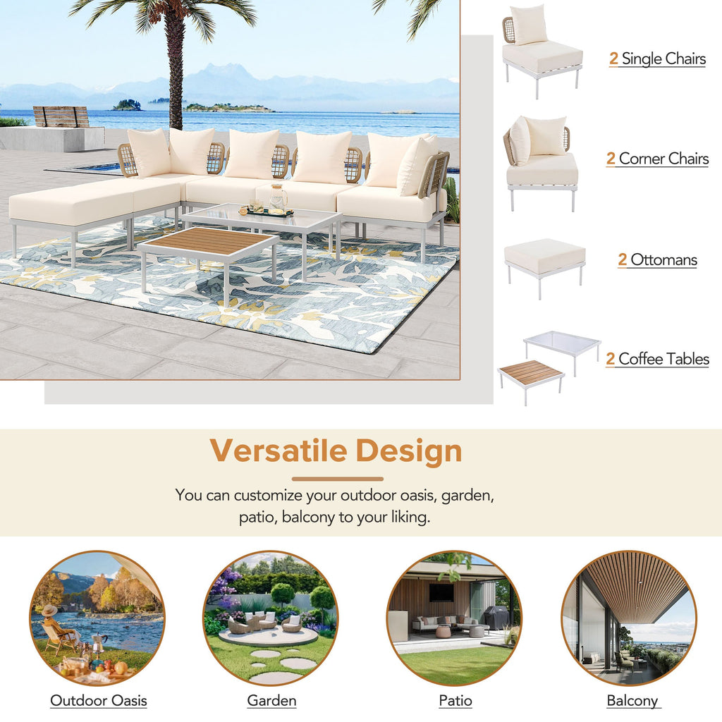 TREXM 8-Piece Patio Sectional Sofa Set with Tempered Glass Coffee Table and Wooden Coffee Table for Outdoor Oasis, Garden, Patio and Poolside (Beige Cushion + White Steel)