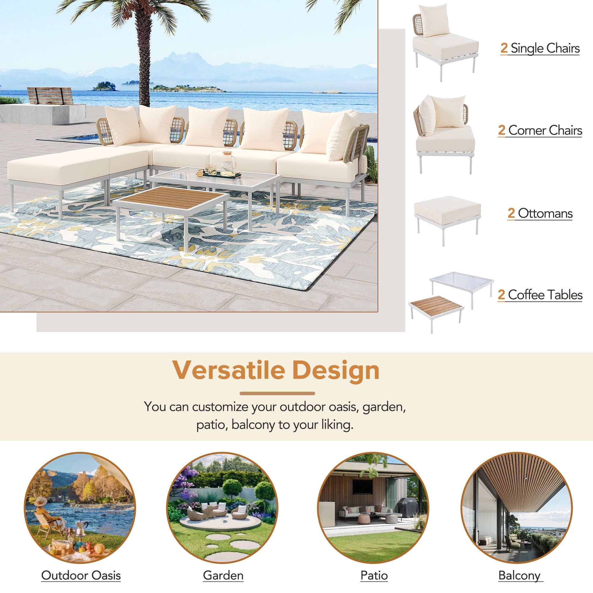 TREXM 8-Piece Patio Sectional Sofa Set with Tempered Glass Coffee Table and Wooden Coffee Table for Outdoor Oasis, Garden, Patio and Poolside (Beige Cushion + White Steel)
