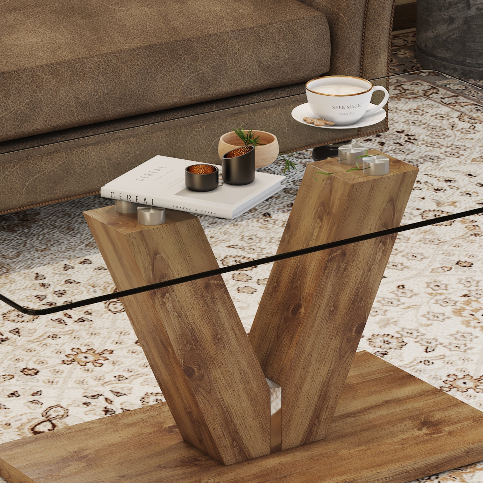 A modern minimalist style coffee table. Transparent tempered glass tabletop with wooden MDF columns. Suitable for living room and dining room.  CT-V