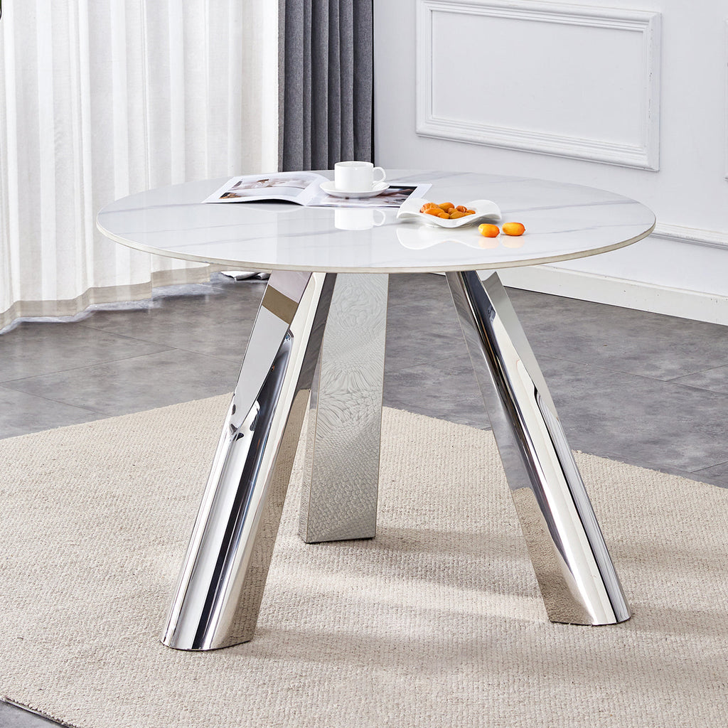 42' Luxury Sintered Stone Table: 0.45' Durable Top + 6' Steel Legs, 350lb Capacity, Stain/Heat-Resistant White/Gray Veined Surface - Modern Minimalist Design
