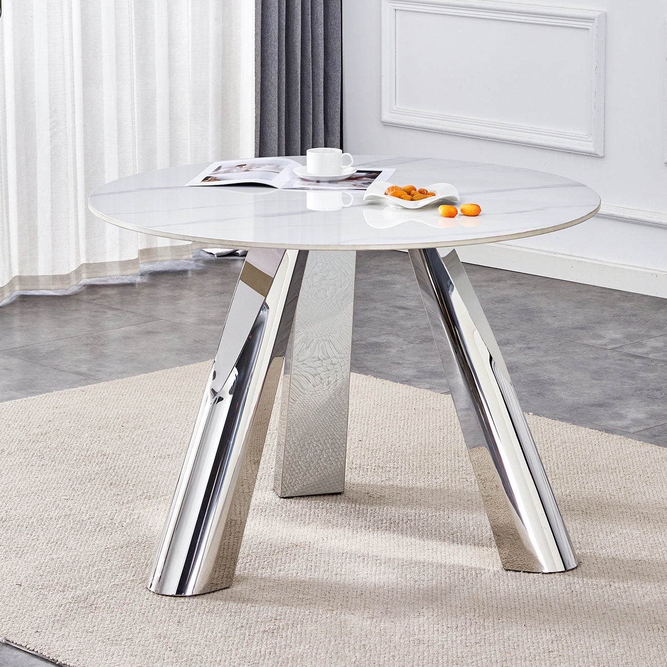 42' Luxury Sintered Stone Table: 0.45' Durable Top + 6' Steel Legs, 350lb Capacity, Stain/Heat-Resistant White/Gray Veined Surface - Modern Minimalist Design