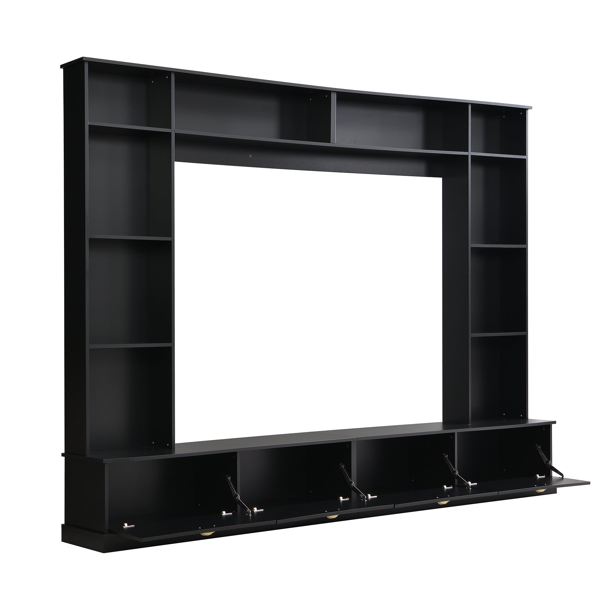 ON-TREND Large Wall Unit Entertainment Center with Bookshelves for TVs Up to 78'', Modern TV Console with Cabinets and Open Shelves, 4-in-1 TV Stand with Golden Handles, Black, 104.2''W*81.2''H