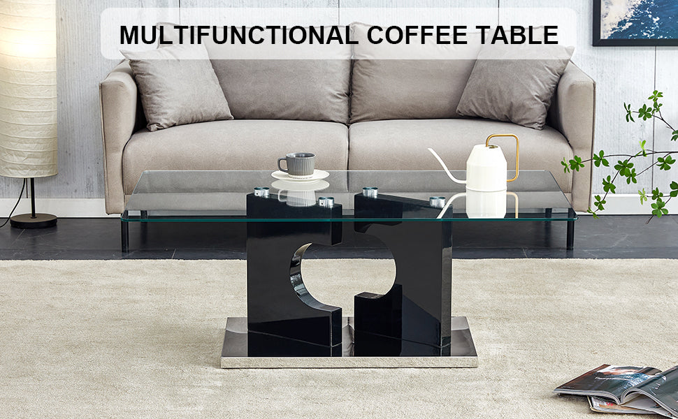 A rectangular modern and fashionable coffee table with tempered glass tabletop and black MDF legs. Suitable for living room.47.2"*25.5"*18"