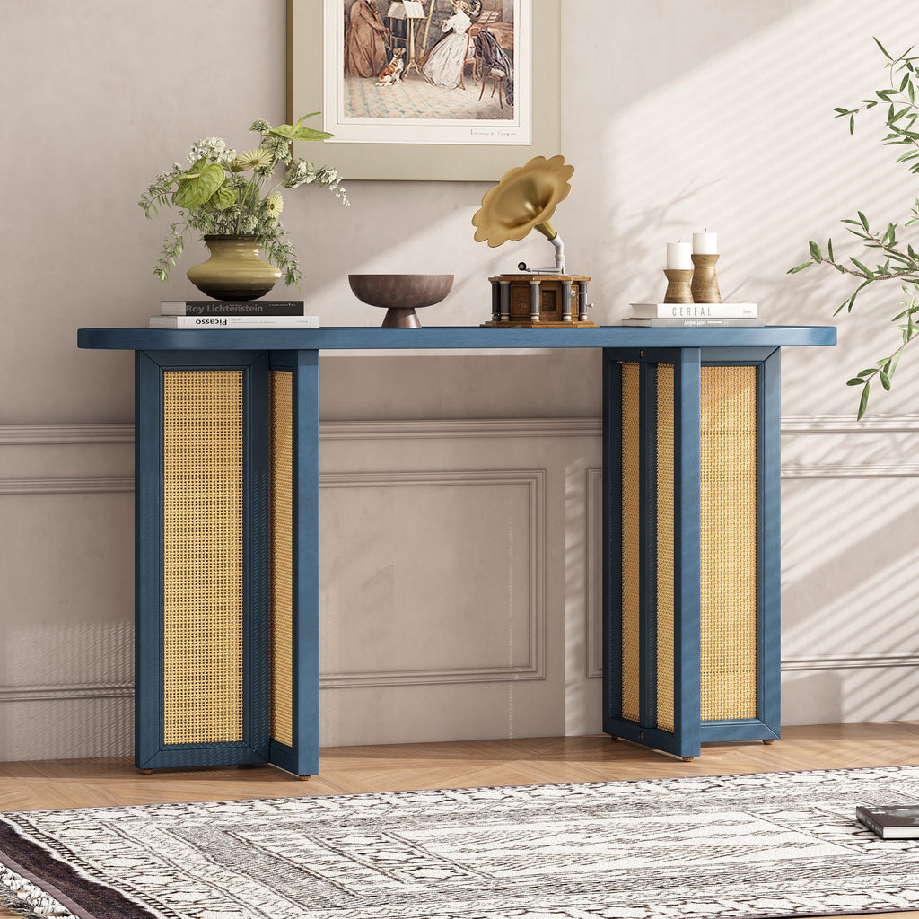 TREXM Farmhouse Rattan Console Table Entryway Table, Narrow Console Table with Storage, Hallway Table for Living Room, Entrance (Navy)