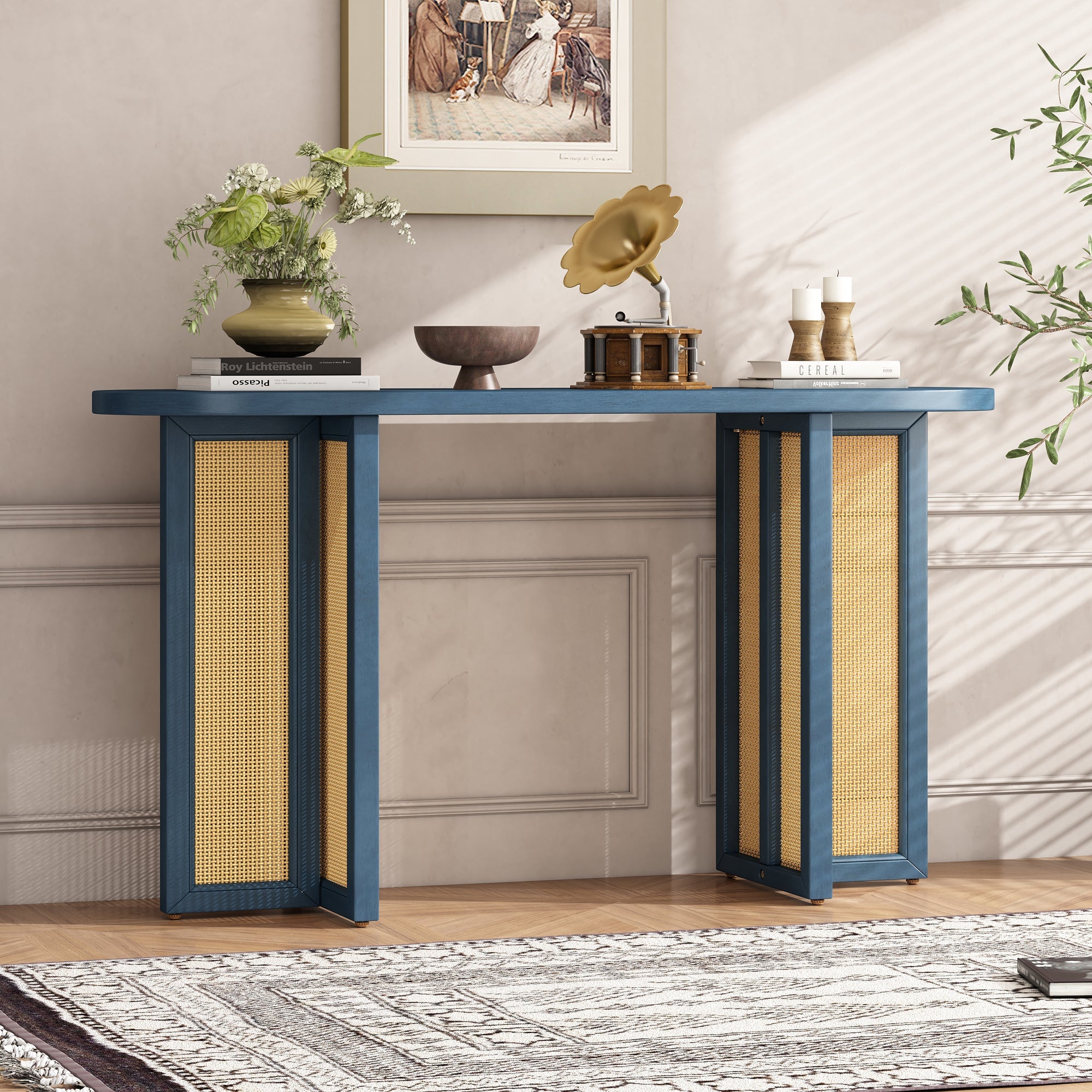 TREXM Farmhouse Rattan Console Table Entryway Table, Narrow Console Table with Storage, Hallway Table for Living Room, Entrance (Navy)