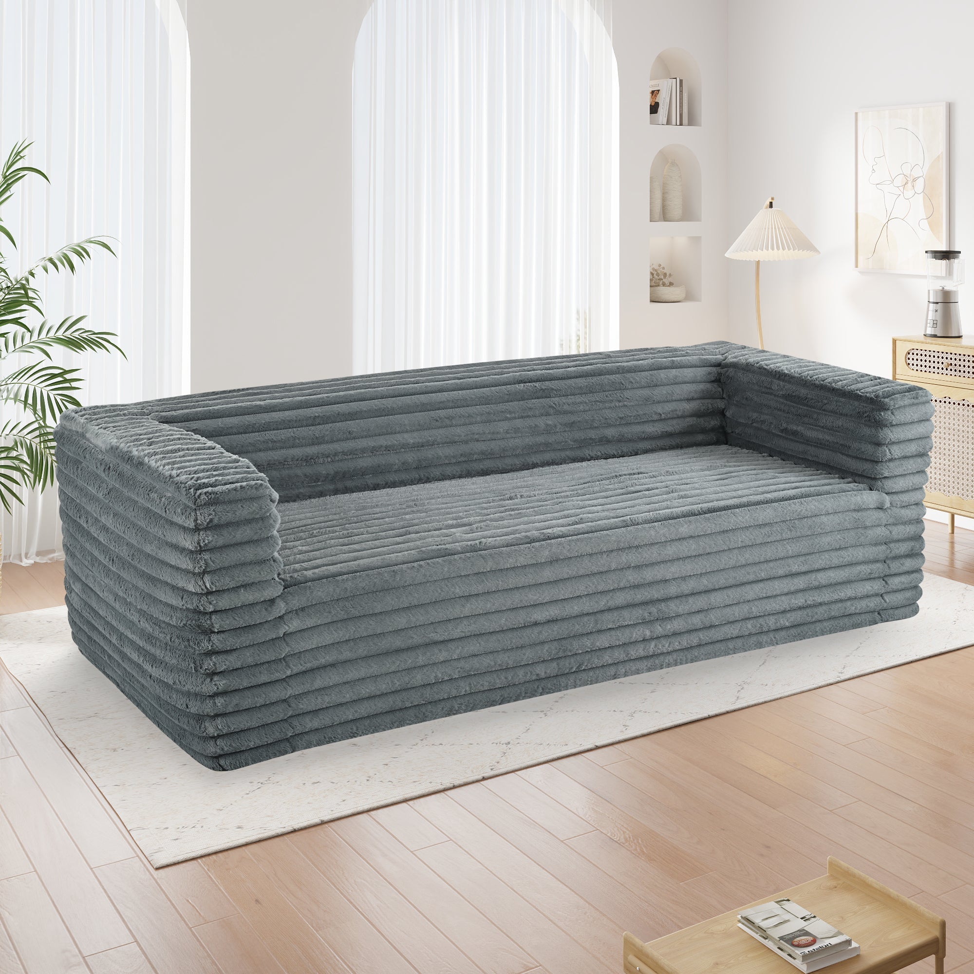 89" Modern Corduroy Couch, 3 Seats Plush Sofa with Squared Arm,Luxury Comfy Seat Super Soft Couches for Living Room,Small Space,Office,Apartment,No Assembly Required