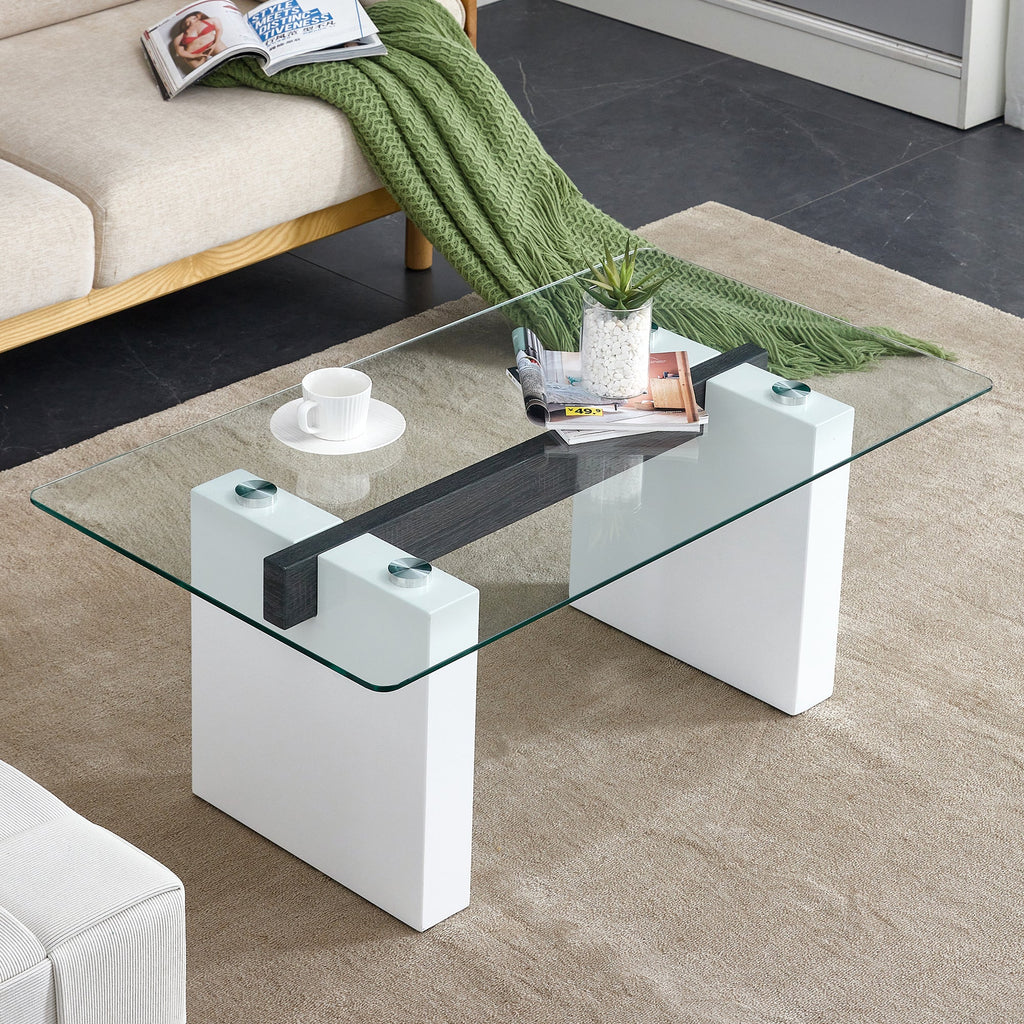 Modern minimalist transparent tempered glass coffee table , paired with white MDF decorative columns. Computer desk. Game table. CT-1546