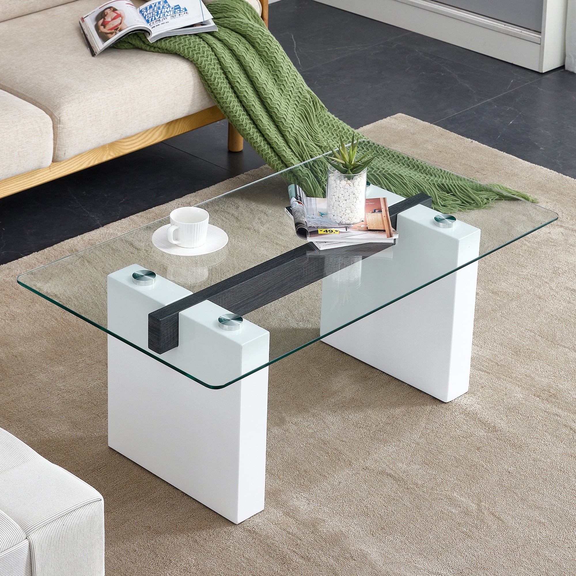 Modern minimalist transparent tempered glass coffee table , paired with white MDF decorative columns. Computer desk. Game table. CT-1546