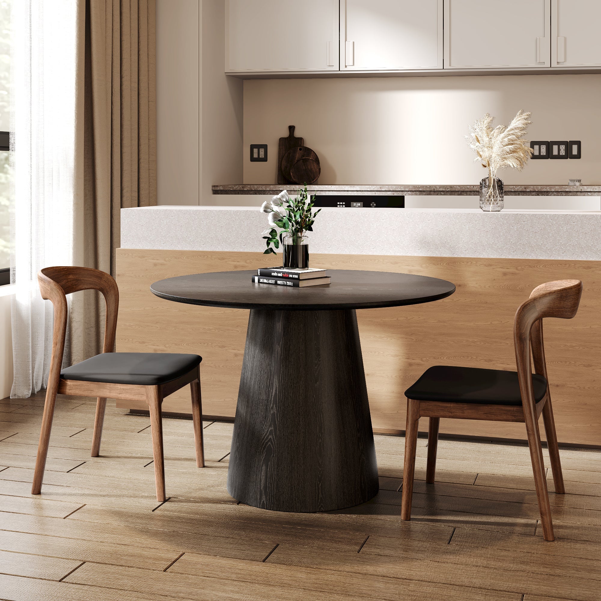 39' Round Black Solid Wood Small Dining Table with Solid Wood Tabletop For 2-4 People