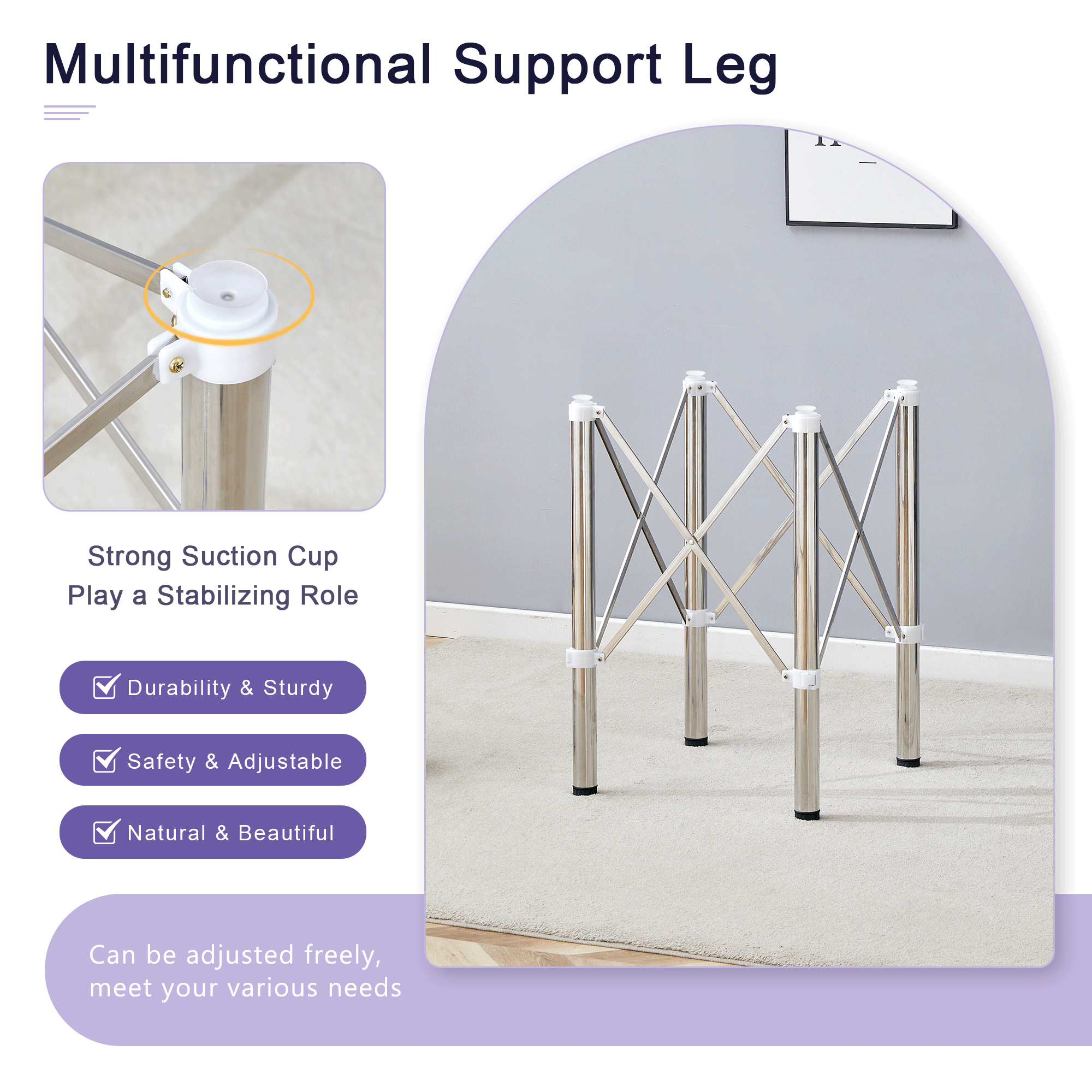 Elegant Expandable Square Glass Table - 36' Clear Tempered Glass, Silver Metal Legs.Telescopic metal legs, transparent square glass tabletop, suction cup attachment connection.