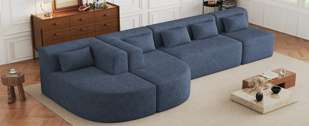 144' Upholstered Sofa Free-combined Sofa Couch with Two Chaise Lounge and Five Back Pillows for Living Room, Blue