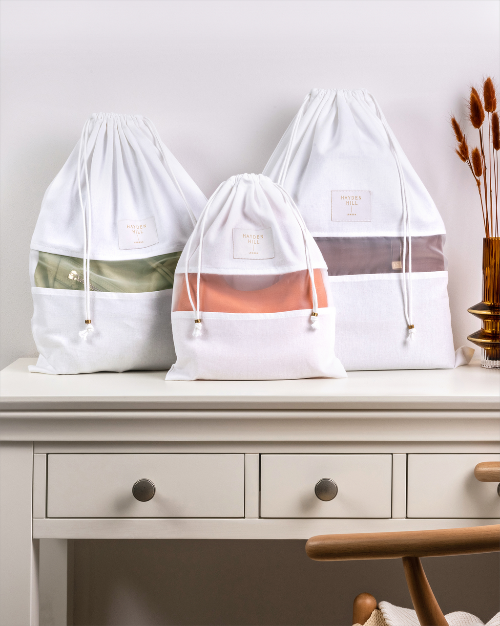 3 Mixed Organic Cotton Dust Bags (S, M, L)