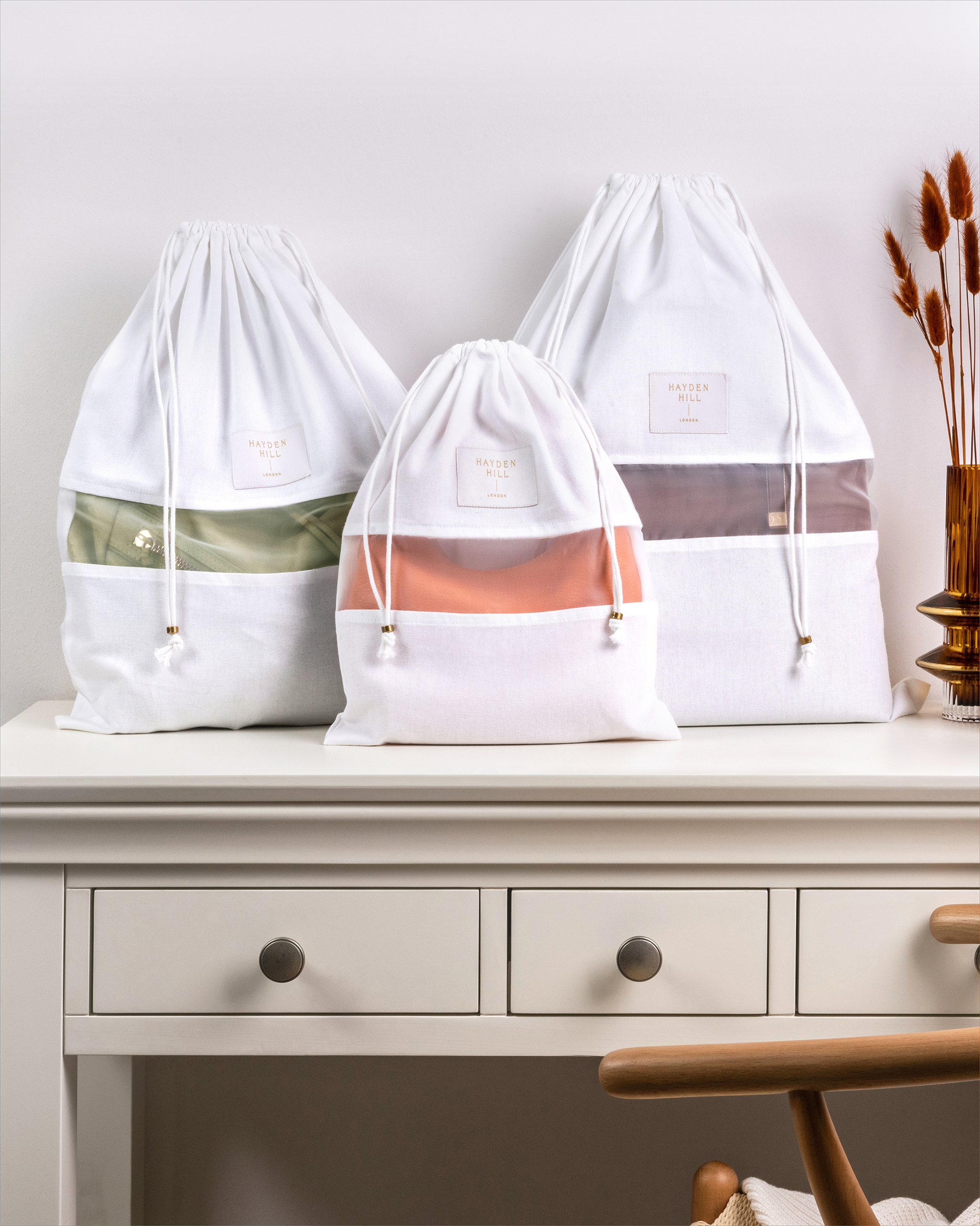 3 Mixed Organic Cotton Dust Bags (S, M, L)