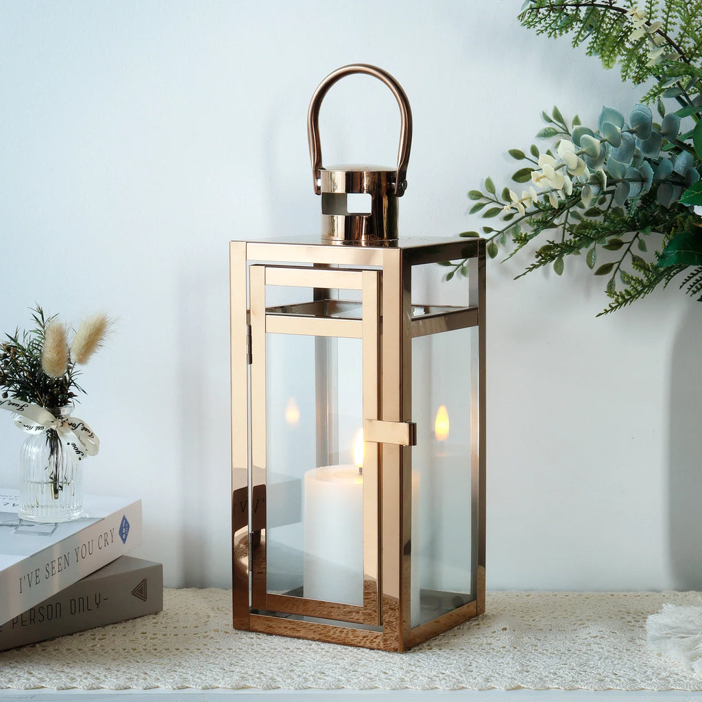 12'' High Metal Decorative Candle Lantern (Rose Gold)