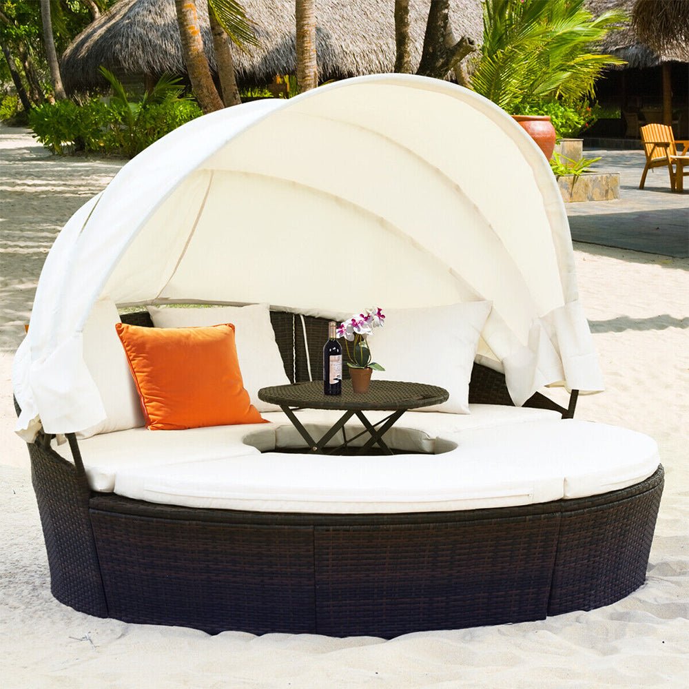 Large Outdoor Patio Rattan Daybed Sofa W/ Adjustable Table Top, Canopy & 3 Pillows, 76" (SAK91254)