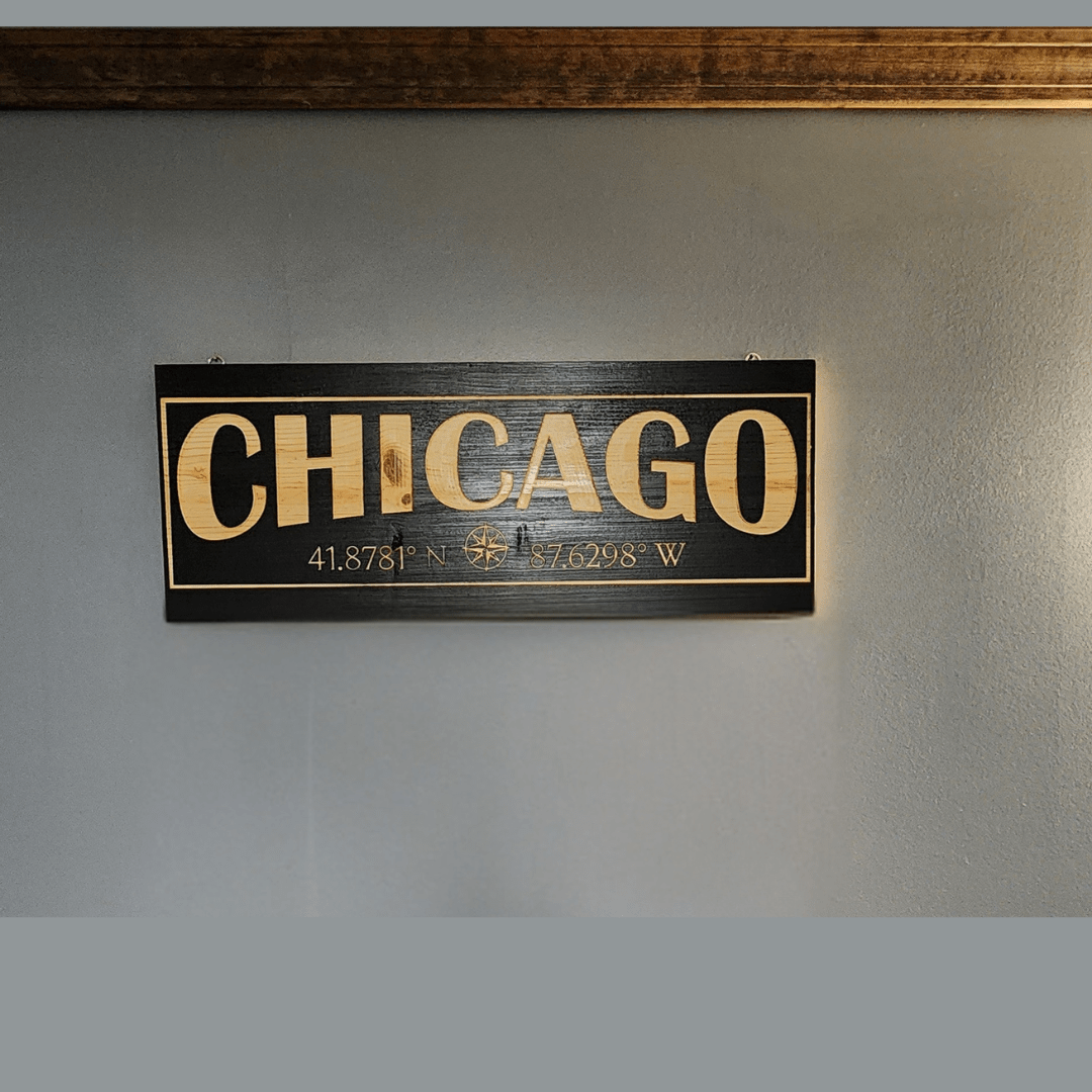 Location wood sign with personalized coordinates