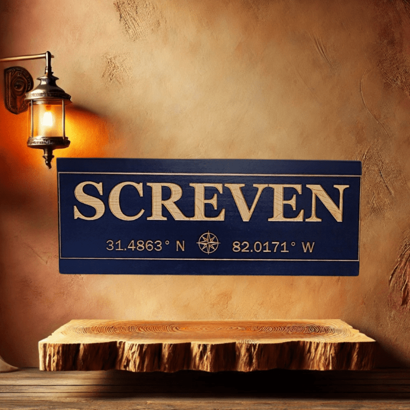 Location wood sign with personalized coordinates