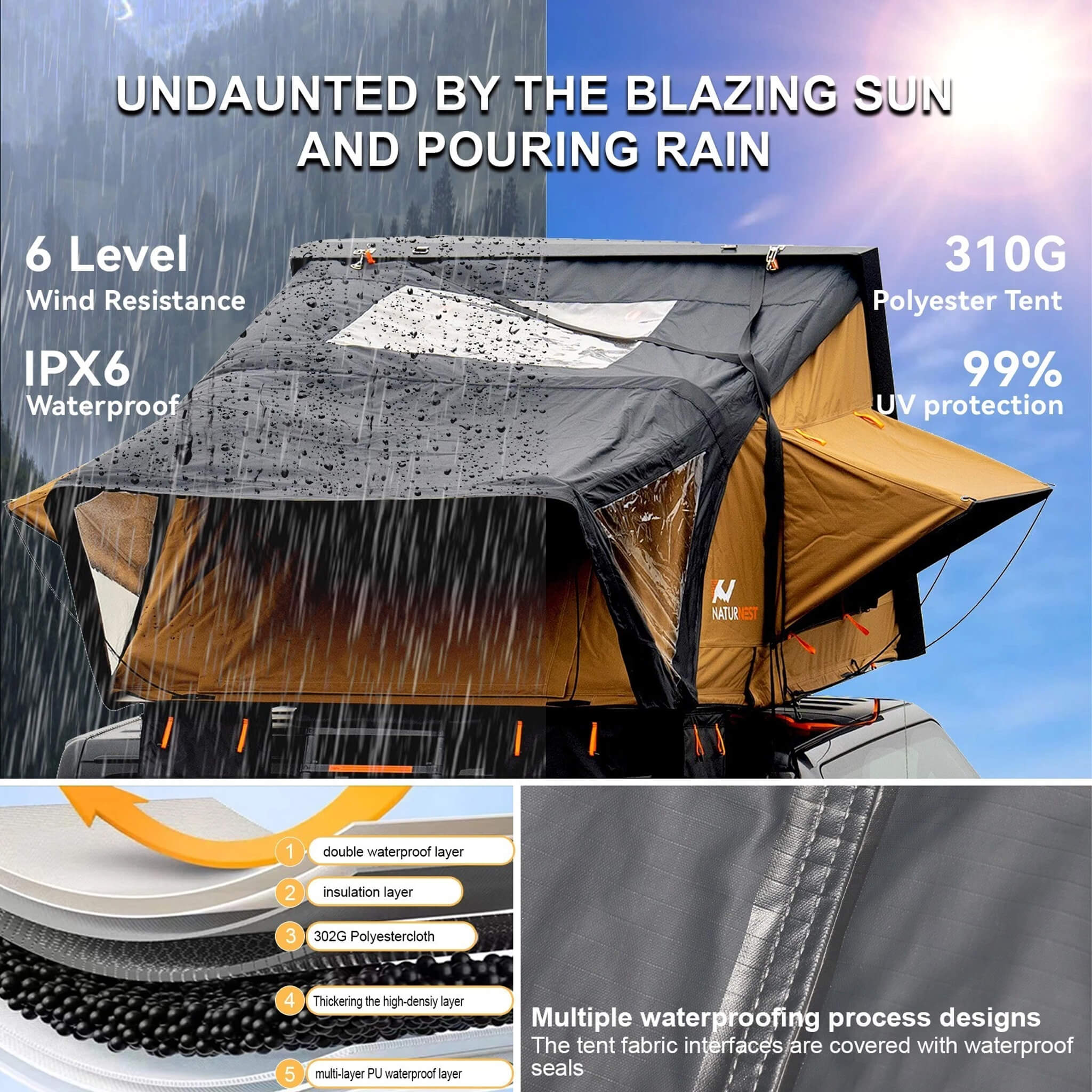 Naturnest Sirius 3 Premium 2XL 3-Person Clamshell Roof Top Tent (SAK62917)