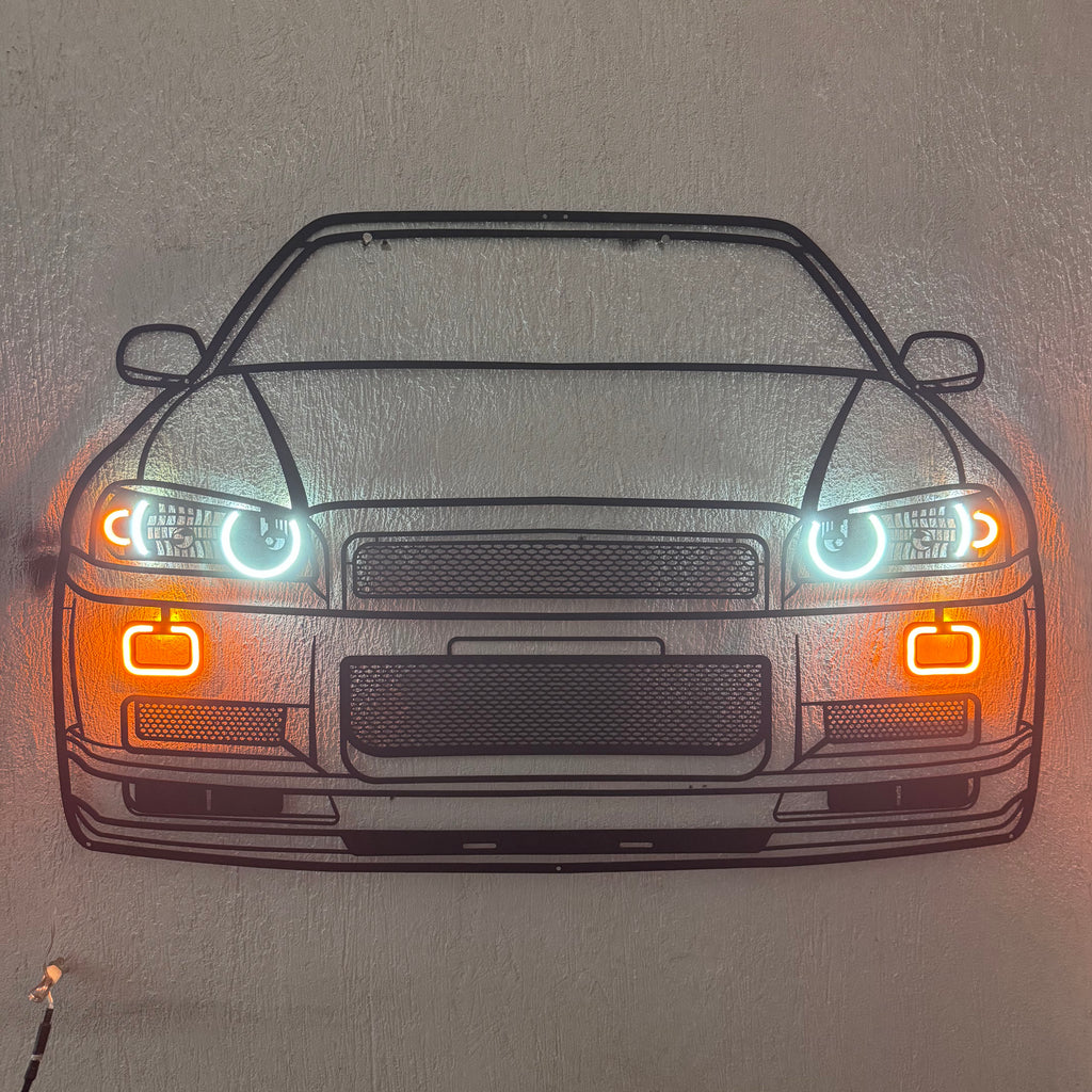 GT-R R34 Front View Metal Neon Car Wall Art - MTN0092
