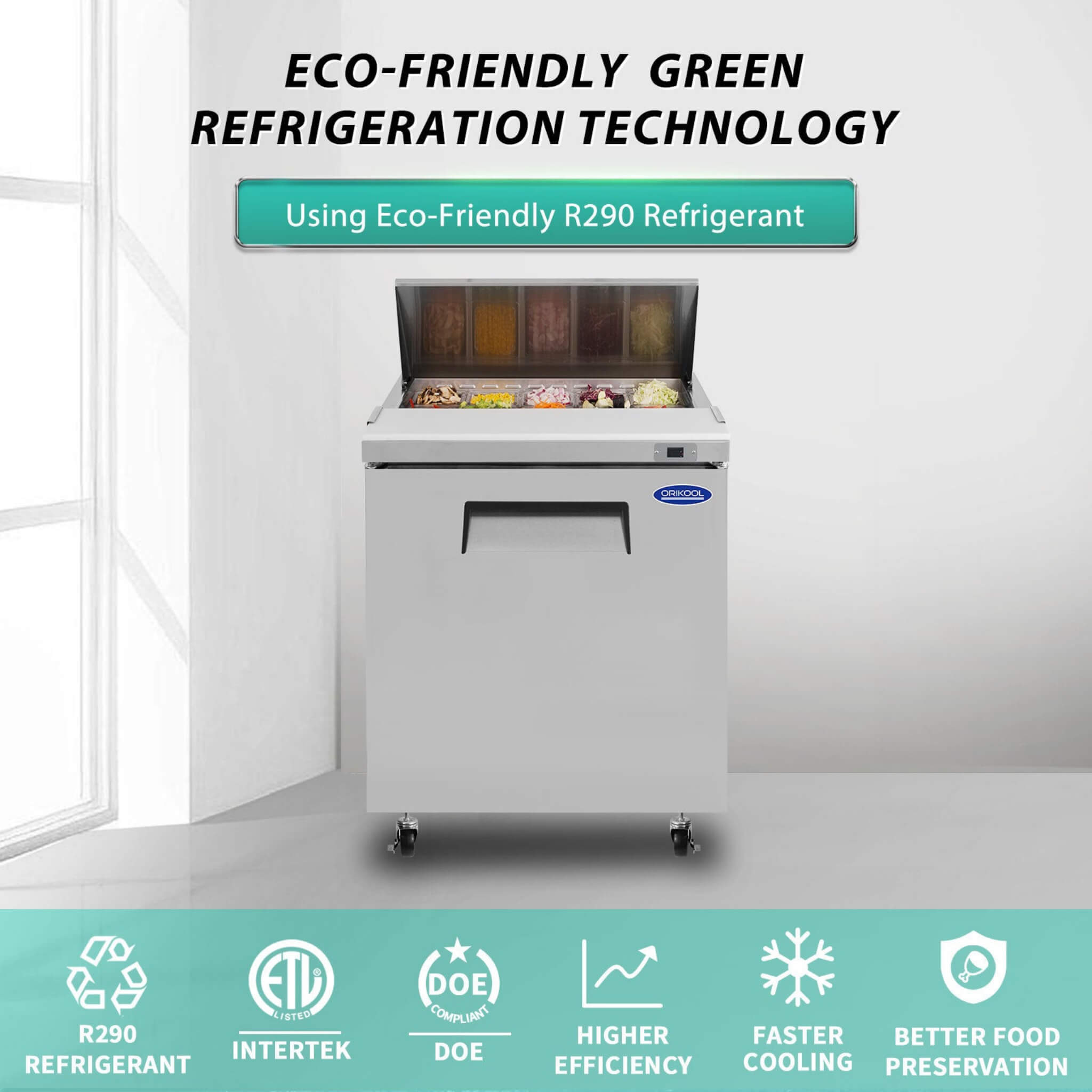 Orikool Commercial Refrigerator Sandwich & Salad Prep Table With Butcher Block Cutting Board (SAK31598)