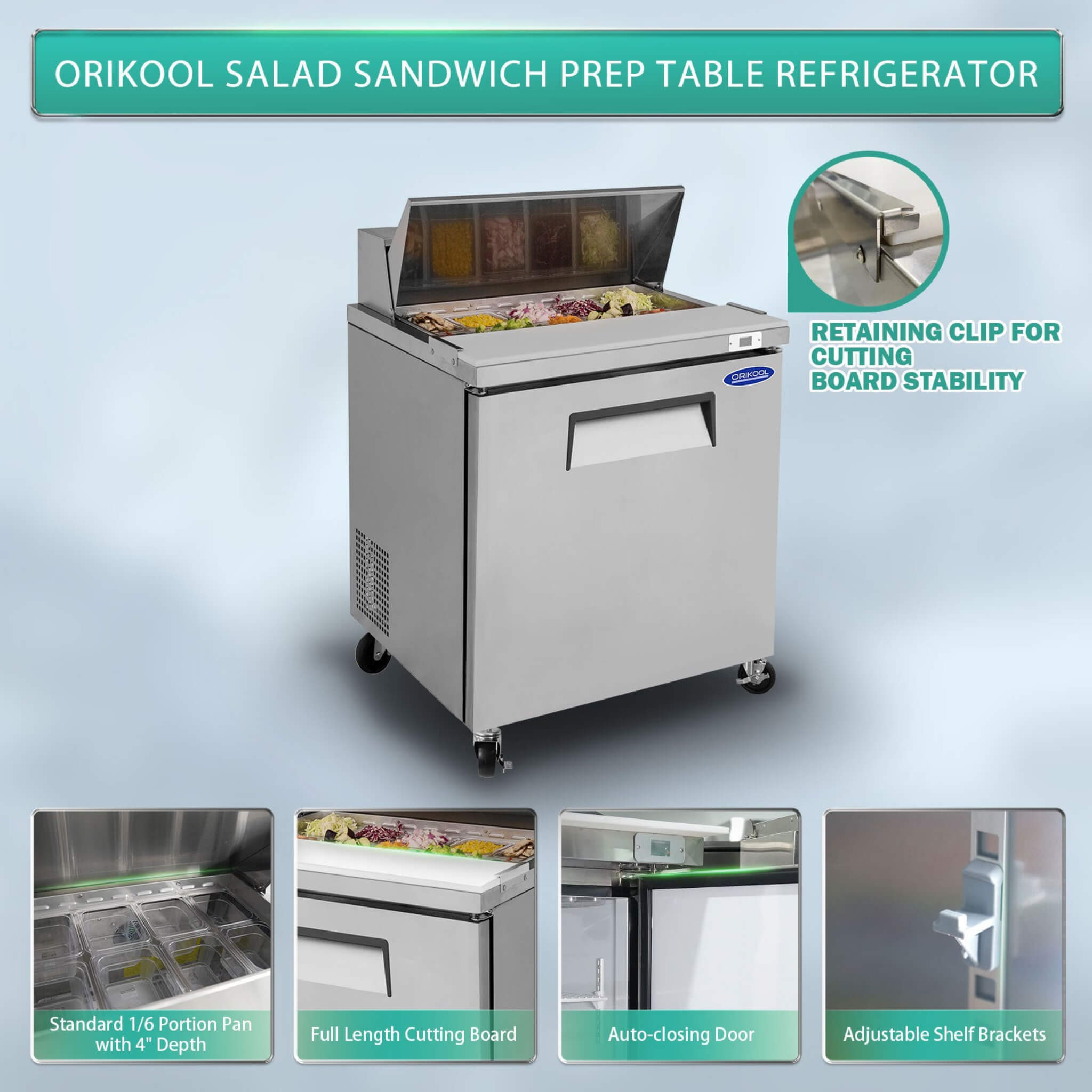 Orikool Commercial Refrigerator Sandwich & Salad Prep Table With Butcher Block Cutting Board (SAK31598)