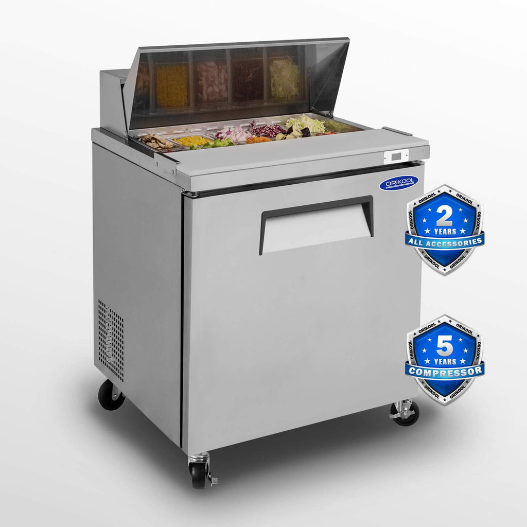 Orikool Commercial Refrigerator Sandwich & Salad Prep Table With Butcher Block Cutting Board (SAK31598)
