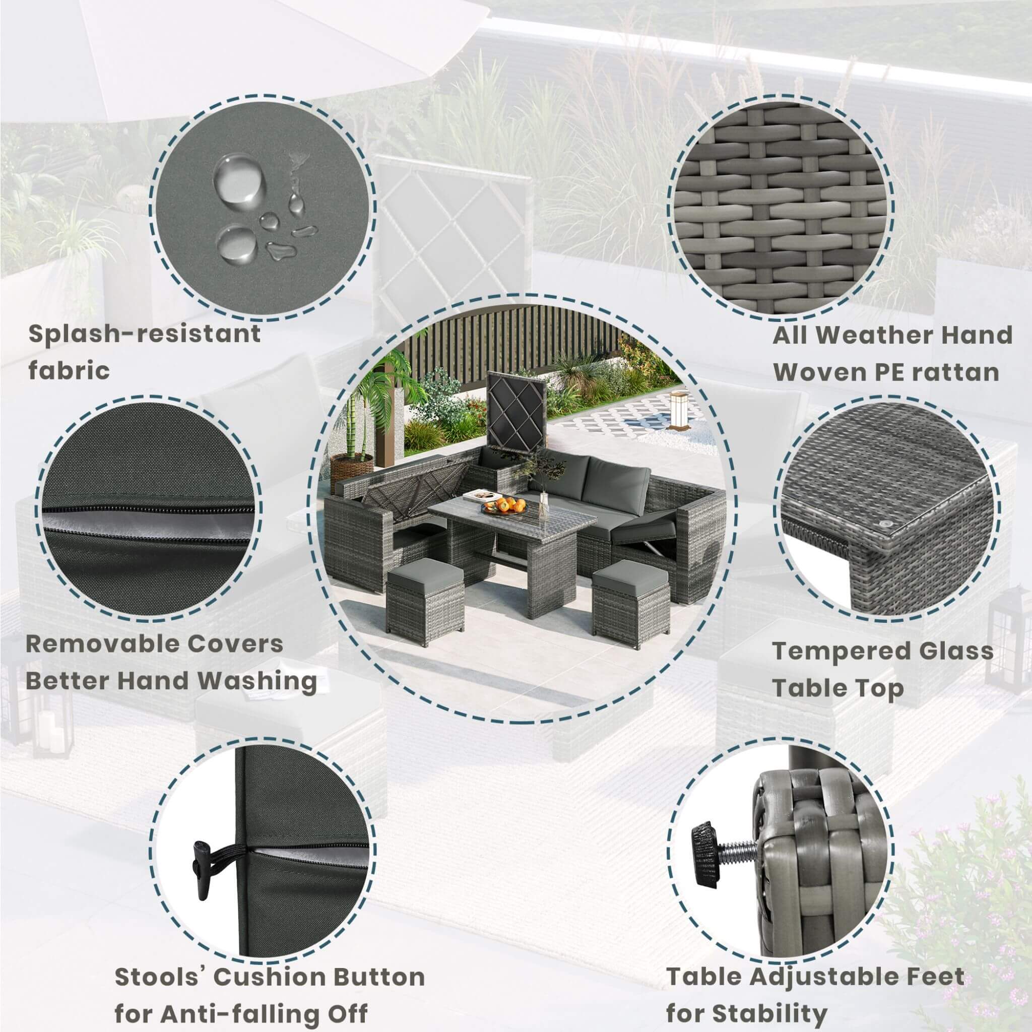 Outdoor 6-Piece All-Weather PE Rattan Sofa Set With Adjustable Seat, Storage Box, Removable Covers, And Tempered Glass Table Top (SAK37221)