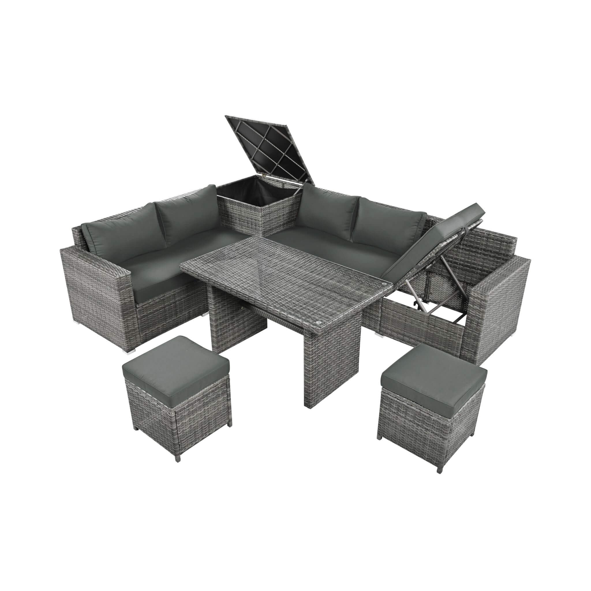 Outdoor 6-Piece All-Weather PE Rattan Sofa Set With Adjustable Seat, Storage Box, Removable Covers, And Tempered Glass Table Top (SAK37221)