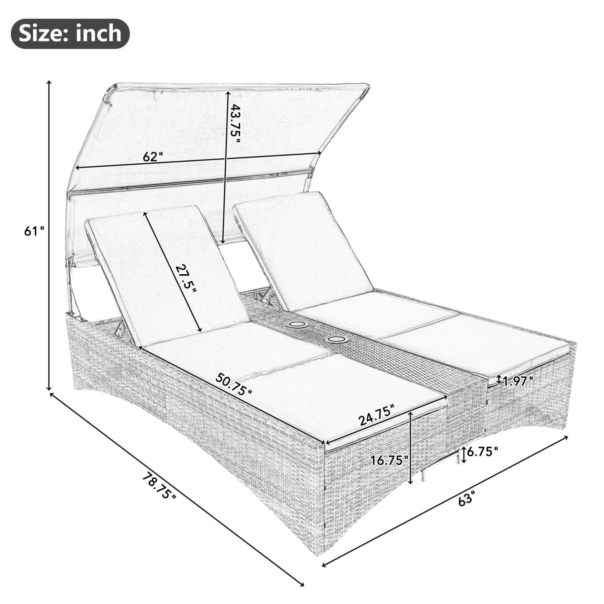 Outdoor Rattan Patio Daybed With Adjustable Backrest, Canopy Roof, Storage Box And Cup Holders (SAK54220)