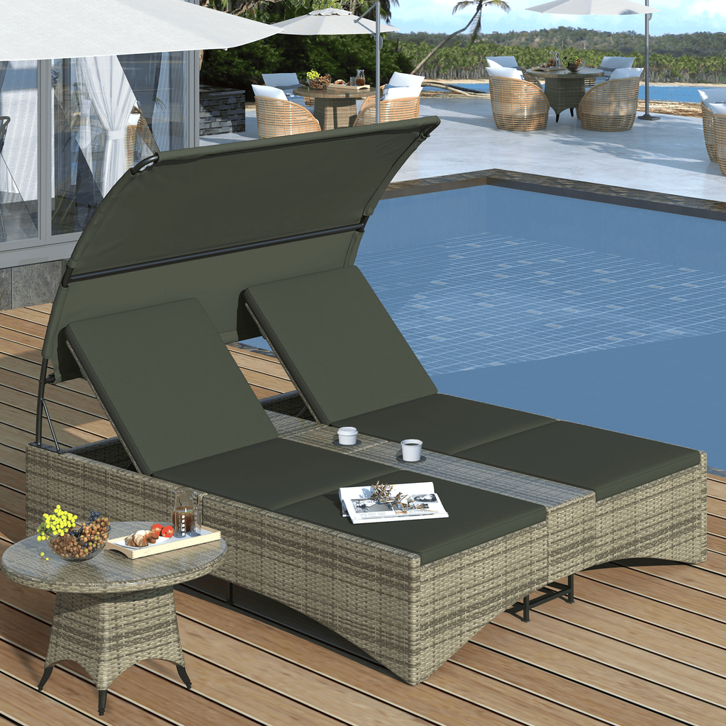 Outdoor Rattan Patio Daybed With Adjustable Backrest, Canopy Roof, Storage Box And Cup Holders (SAK54220)