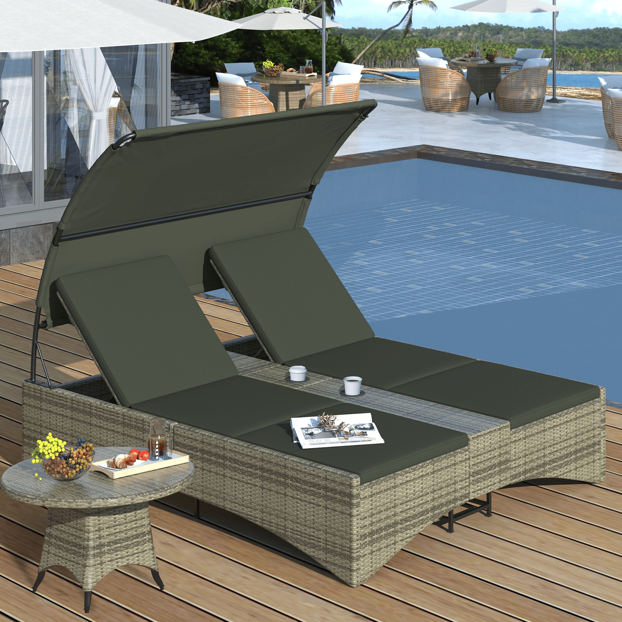 Outdoor Rattan Patio Daybed With Adjustable Backrest, Canopy Roof, Storage Box And Cup Holders (SAK54220)