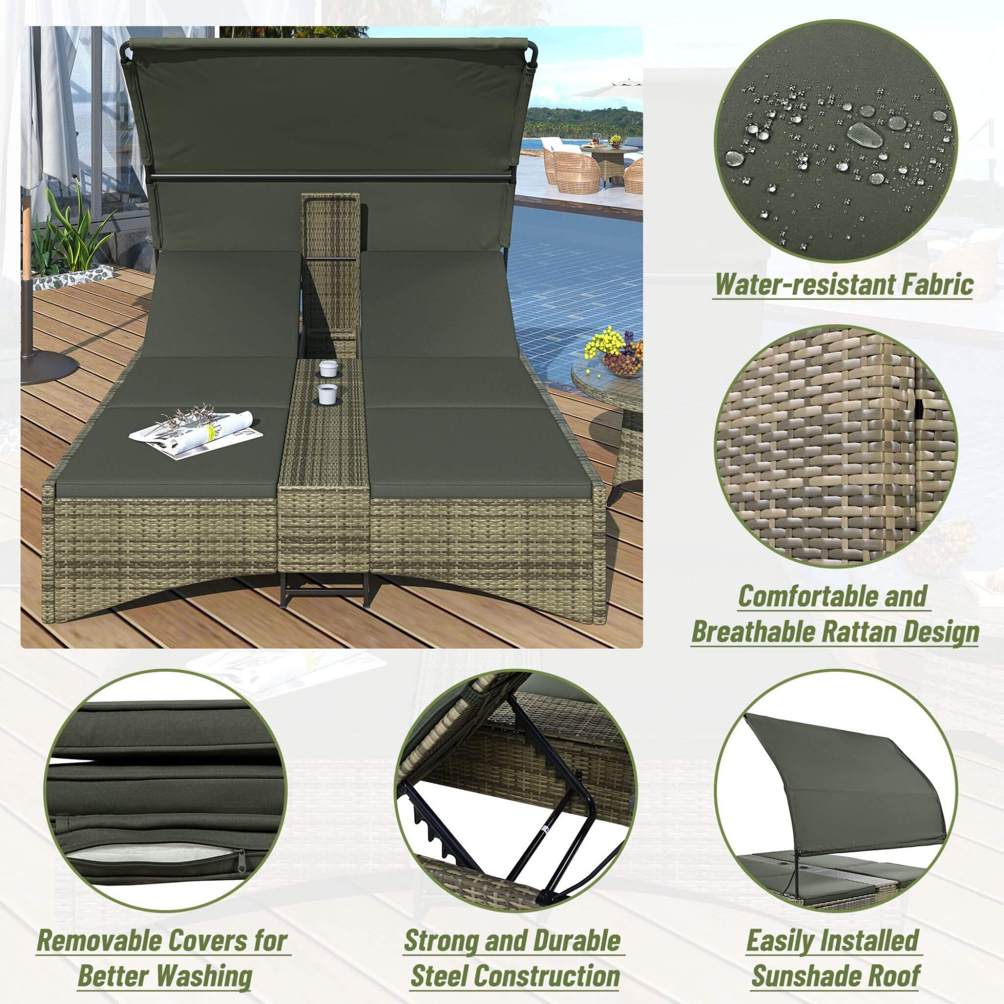 Outdoor Rattan Patio Daybed With Adjustable Backrest, Canopy Roof, Storage Box And Cup Holders (SAK54220)