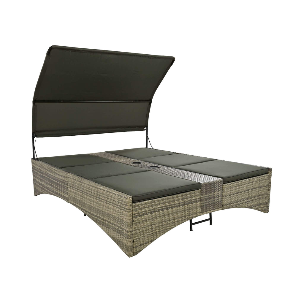 Outdoor Rattan Patio Daybed With Adjustable Backrest, Canopy Roof, Storage Box And Cup Holders (SAK54220)