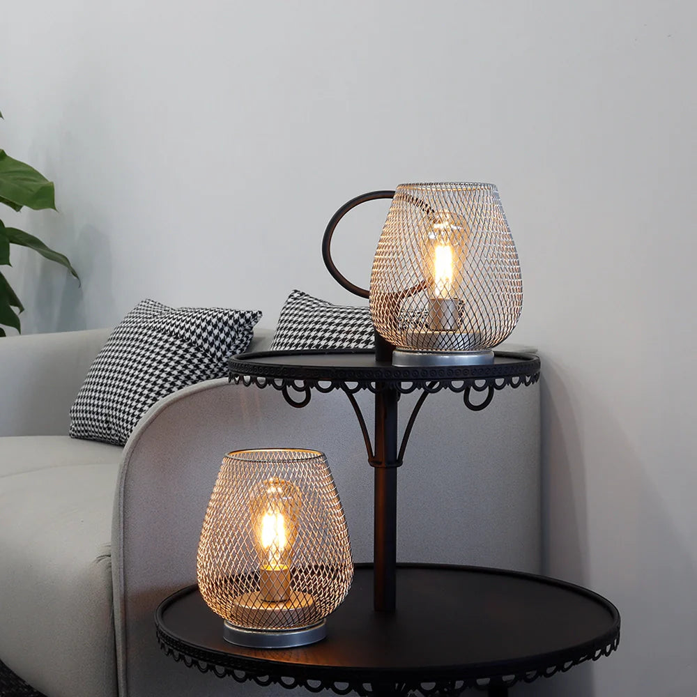 Set of 2-6.7"H Metal Cage LED Lantern（Silver）