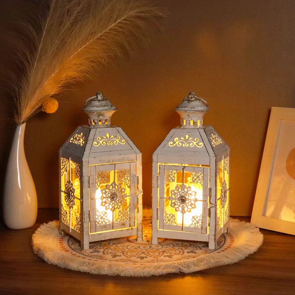 Set of 2 Decorative Lanterns 9.5" High Metal Candle Lanterns