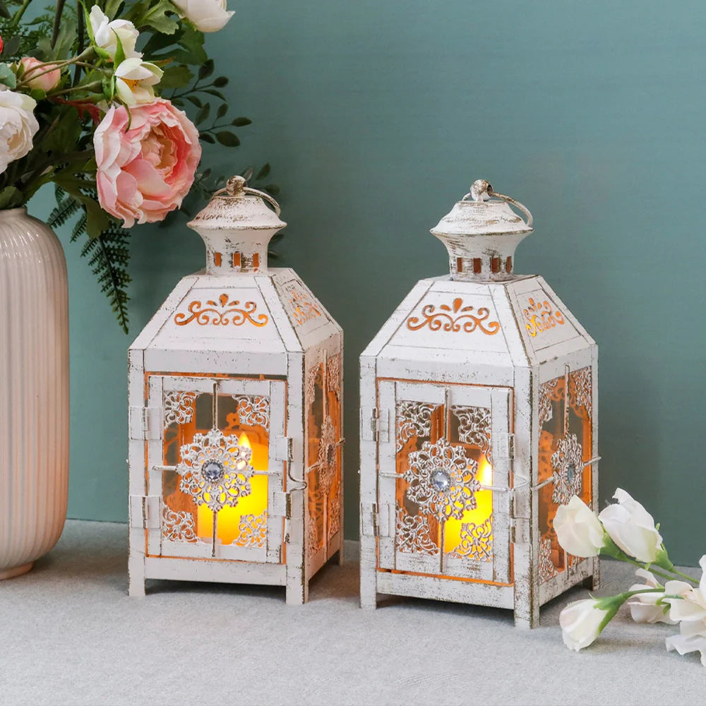 Set of 2 Decorative Lanterns 9.5" High Metal Candle Lanterns