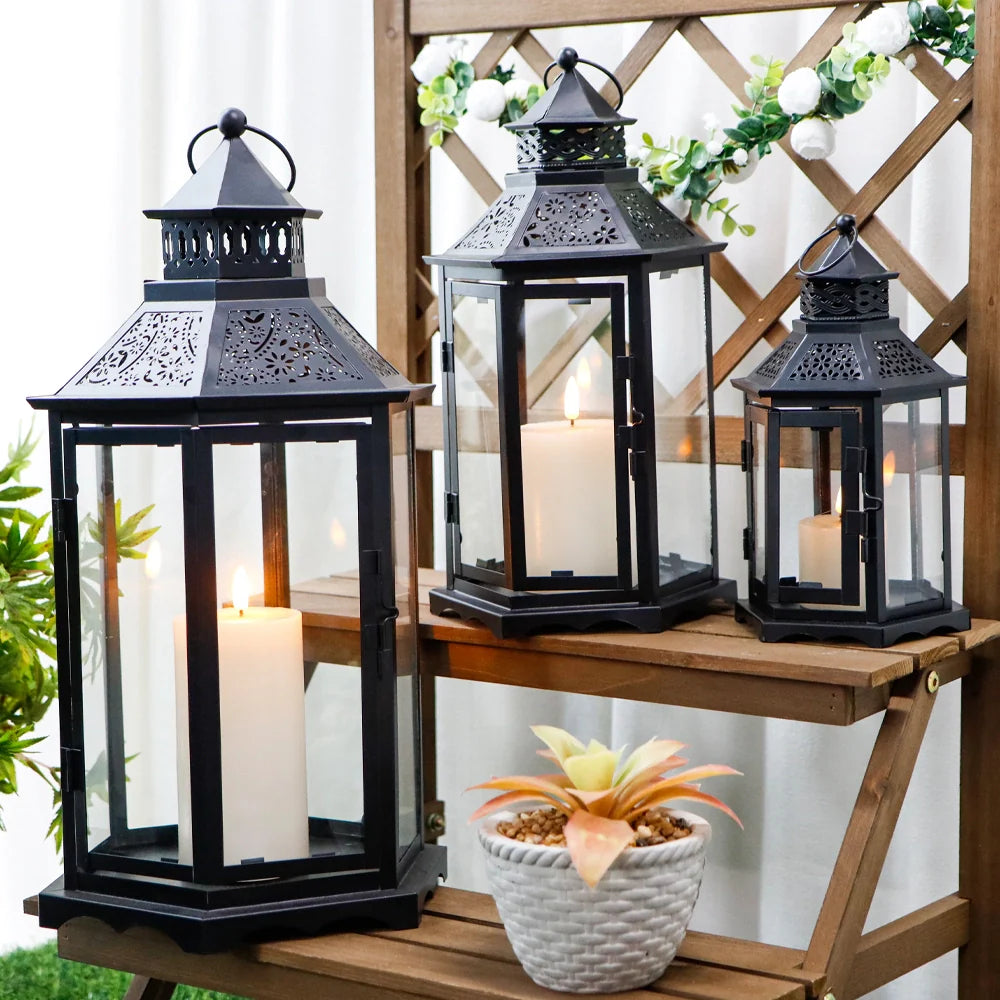 Set of 3 18''&13"&10"High Black Hexagonal Decorative Hanging Lantern
