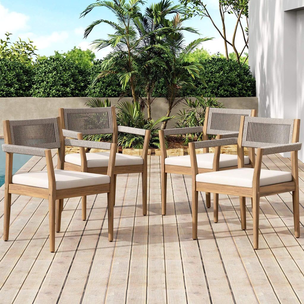 Premium 5-Piece Outdoor Acacia Wood Patio Furniture Set With Braided Dining Chairs, Cushions, And Dining Table (SAK26754)