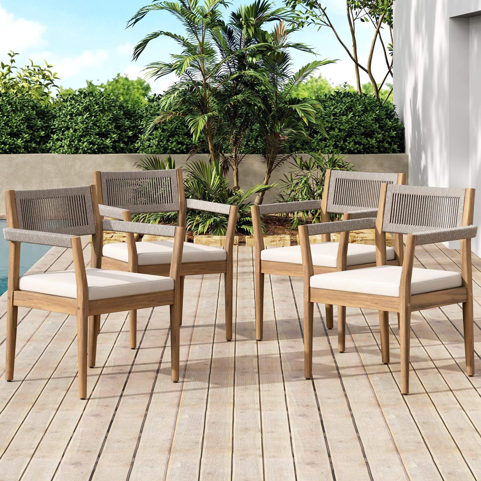 Premium 5-Piece Outdoor Acacia Wood Patio Furniture Set With Braided Dining Chairs, Cushions, And Dining Table (SAK26754)