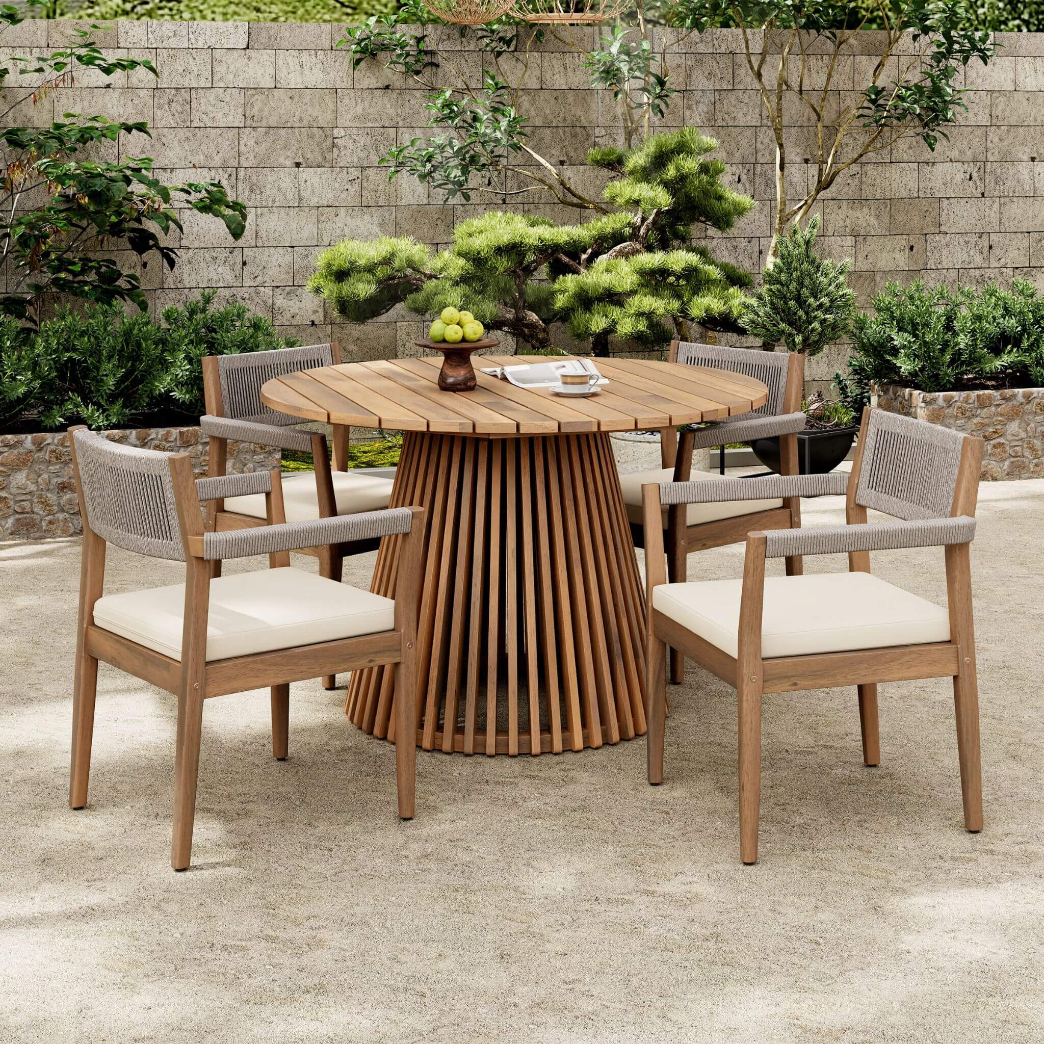 Premium 5-Piece Outdoor Acacia Wood Patio Furniture Set With Braided Dining Chairs, Cushions, And Dining Table (SAK26754)