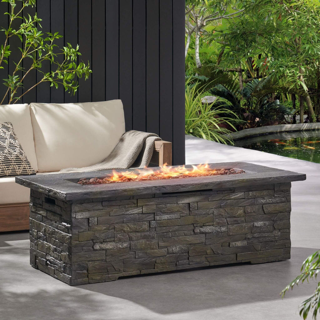 Premium 56" Outdoor Rectangular Concrete Propane Fire Pit W/ Faux Stone Pattern, 50K BTU (SAK31845)