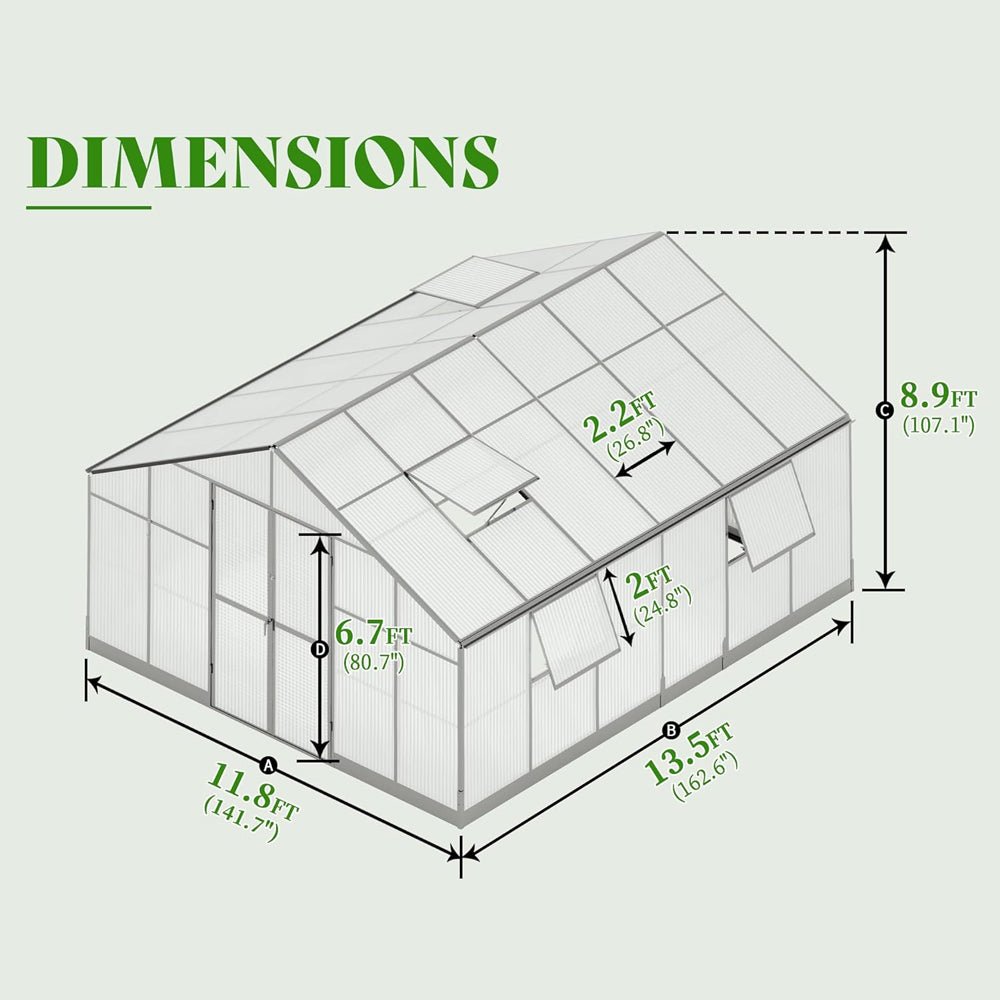 [12x13.5FT] Premium Large Outdoor Double Door Aluminum Polycarbonate Greenhouse With Quick Connect Fitting (96243175)