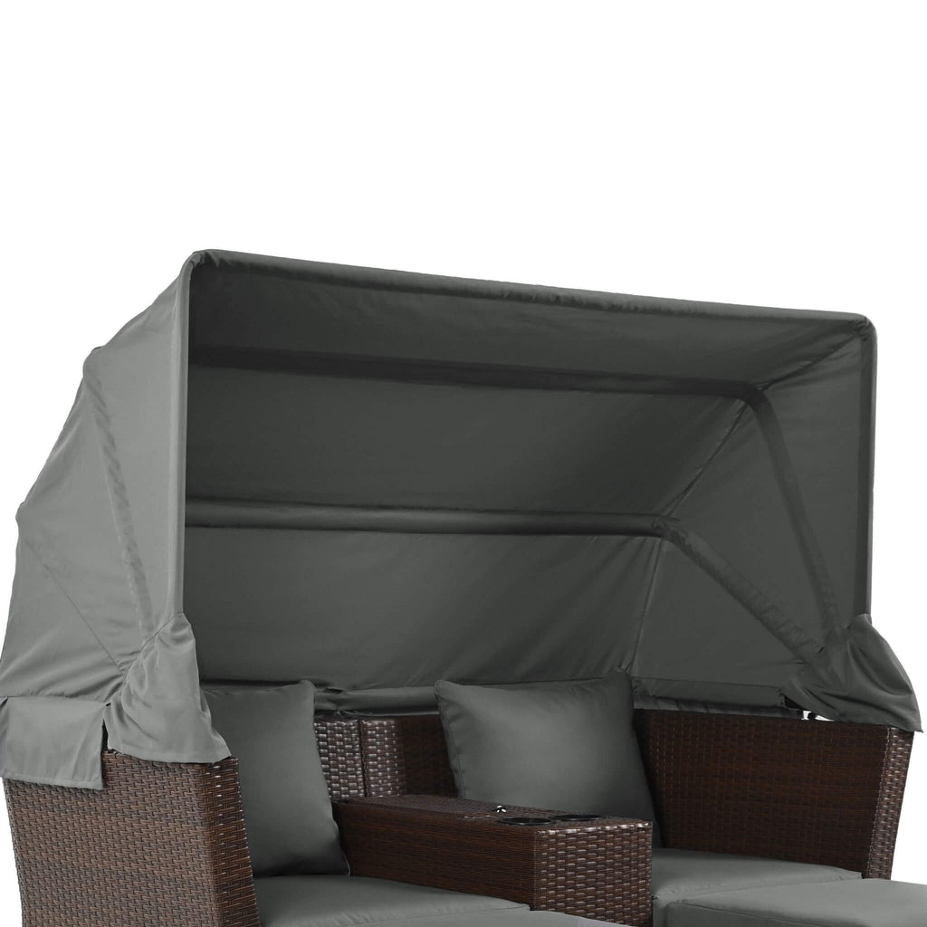 Premium Outdoor 2-Seater Patio Daybed With Foldable Awning, Cushions, And Rattan Frame (SAK90233)