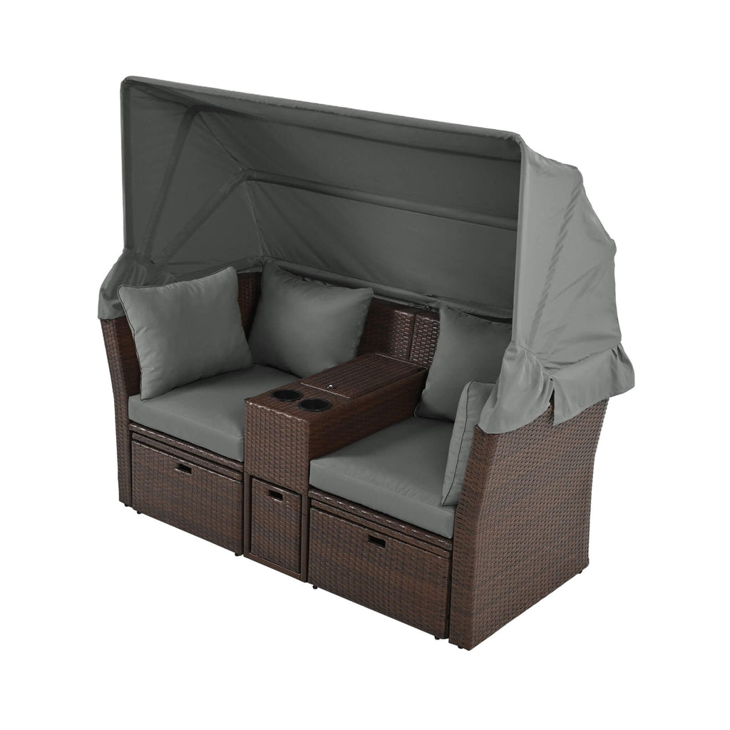 Premium Outdoor 2-Seater Patio Daybed With Foldable Awning, Cushions, And Rattan Frame (SAK90233)