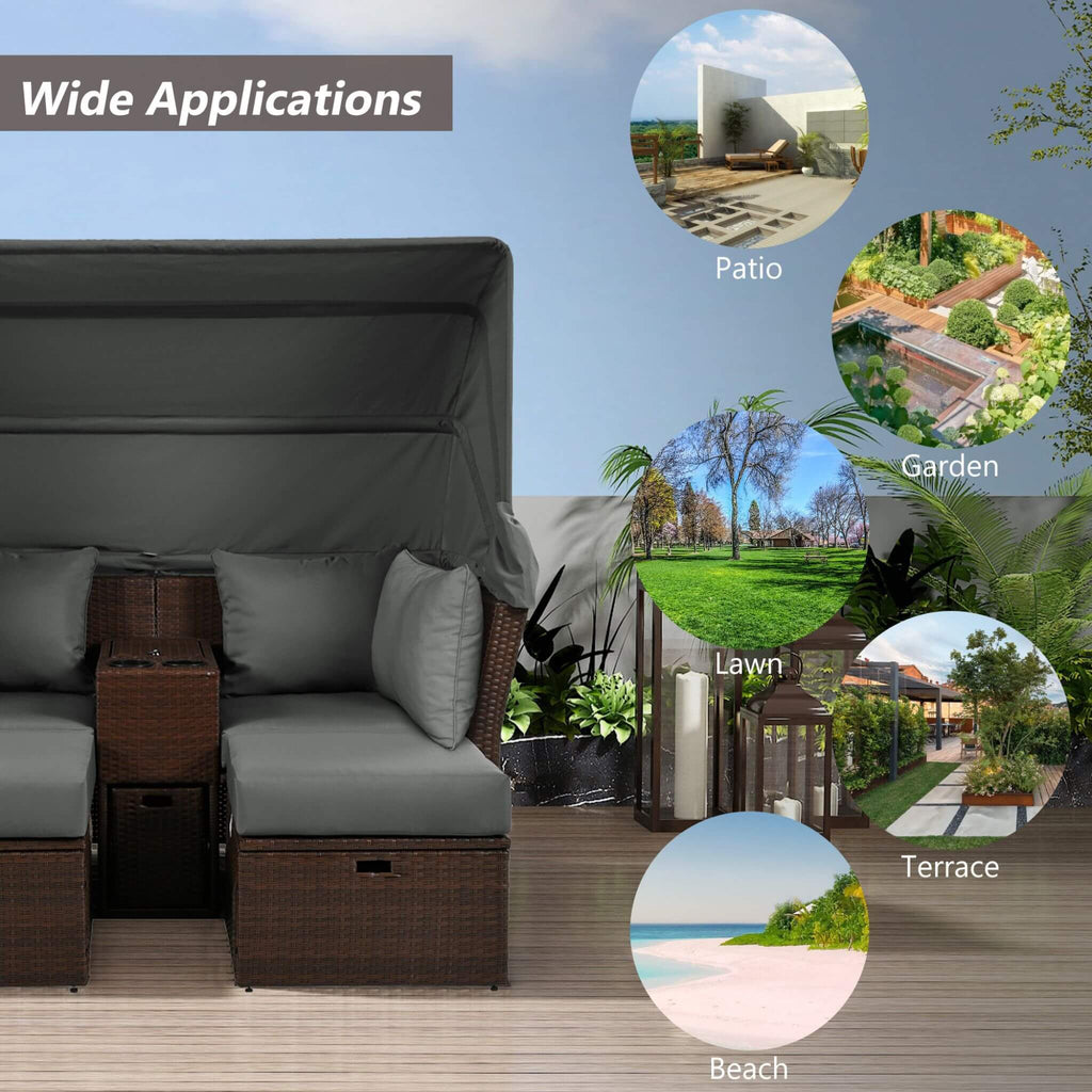 Premium Outdoor 2-Seater Patio Daybed With Foldable Awning, Cushions, And Rattan Frame (SAK90233)
